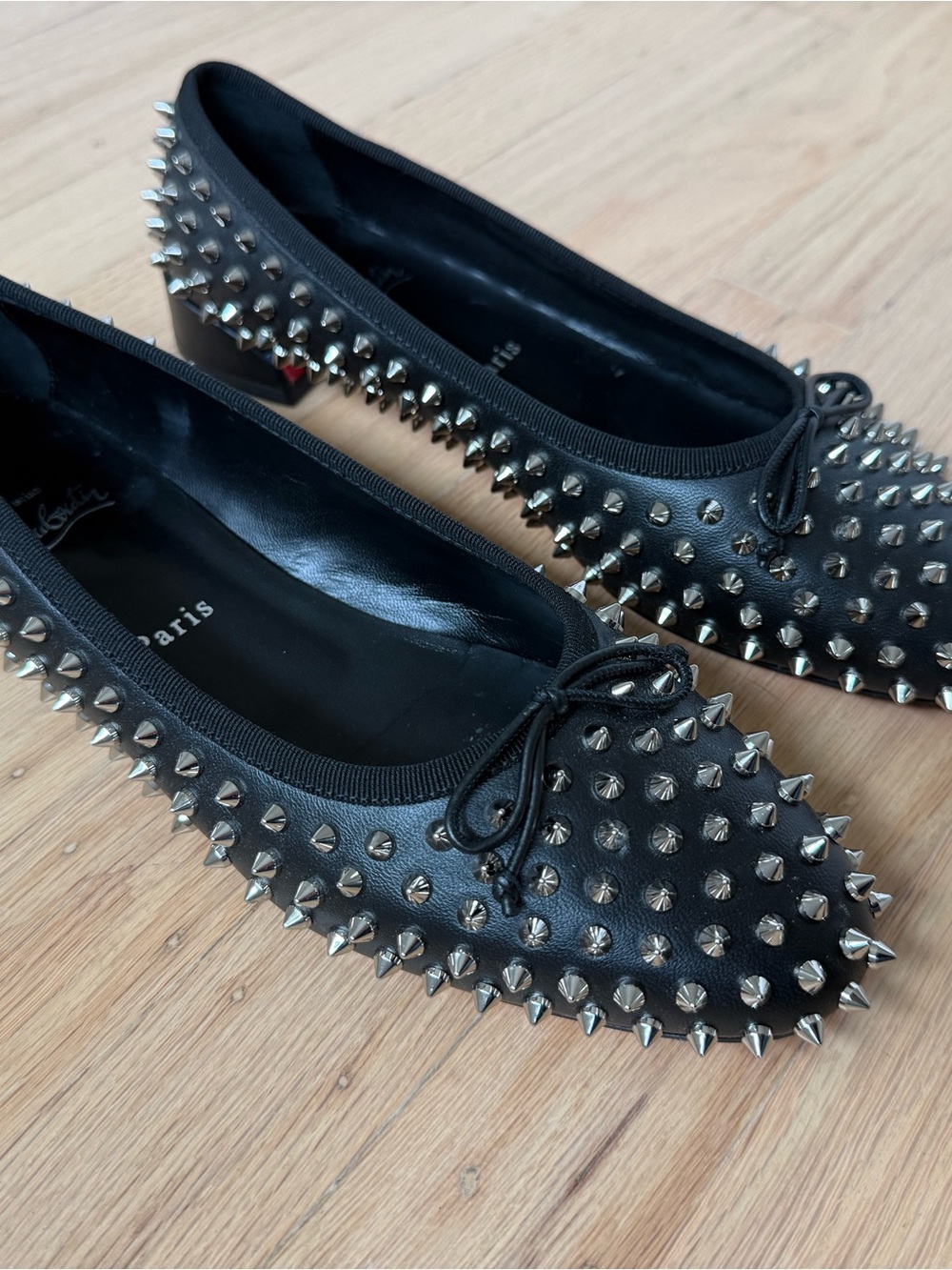 Christian Louboutin Black Studded Leather Ballet Flats with Red Sole - Picture 3 of 8